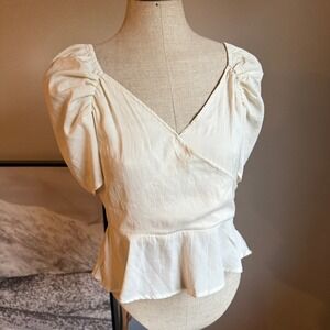 American Eagle Peplum Top Puff Sleeve Blouse Surplice Ivory Women's Small